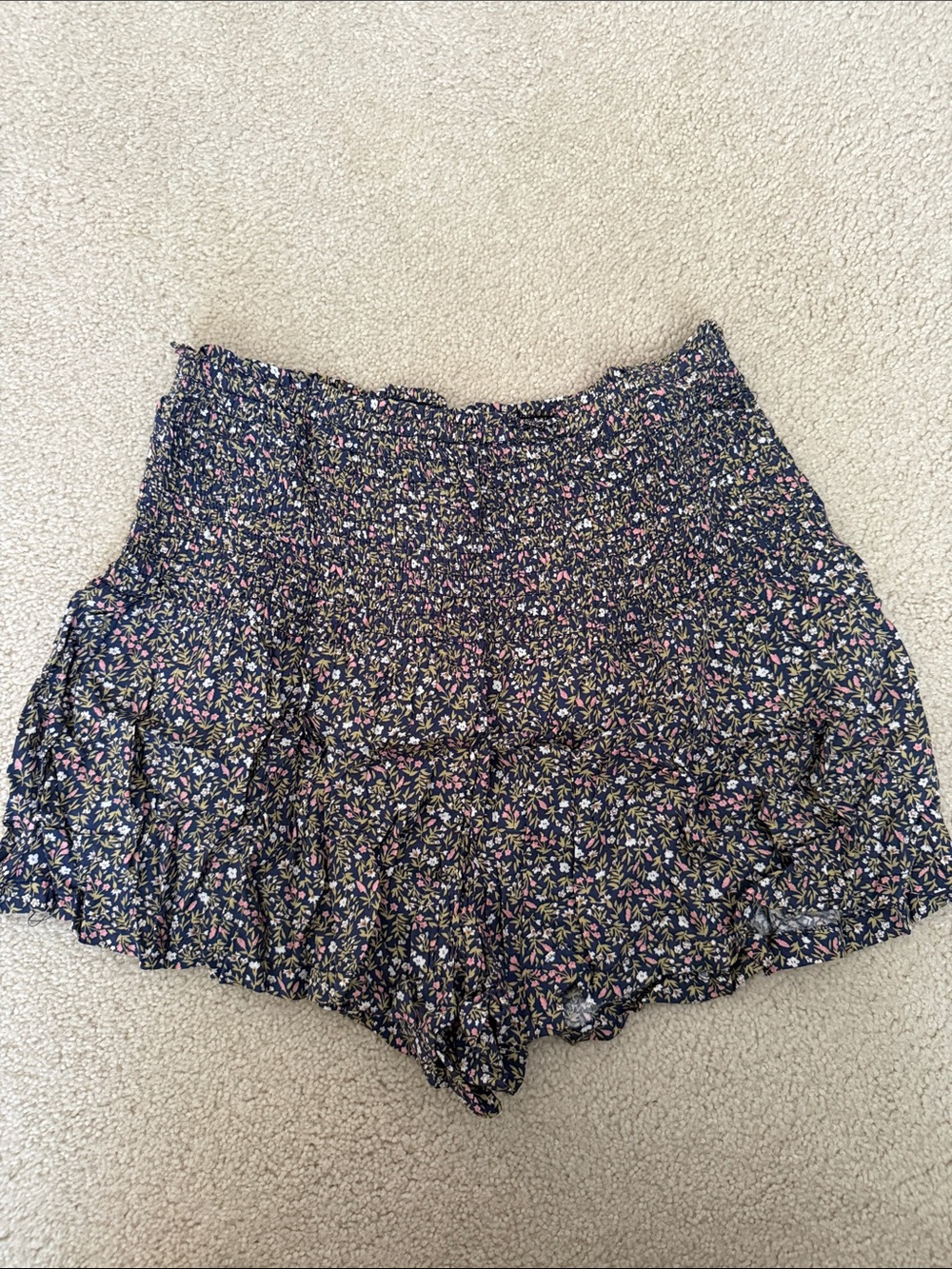 Smocked Waist Floral Print Women’s Shorts - Blue with Pink & Green